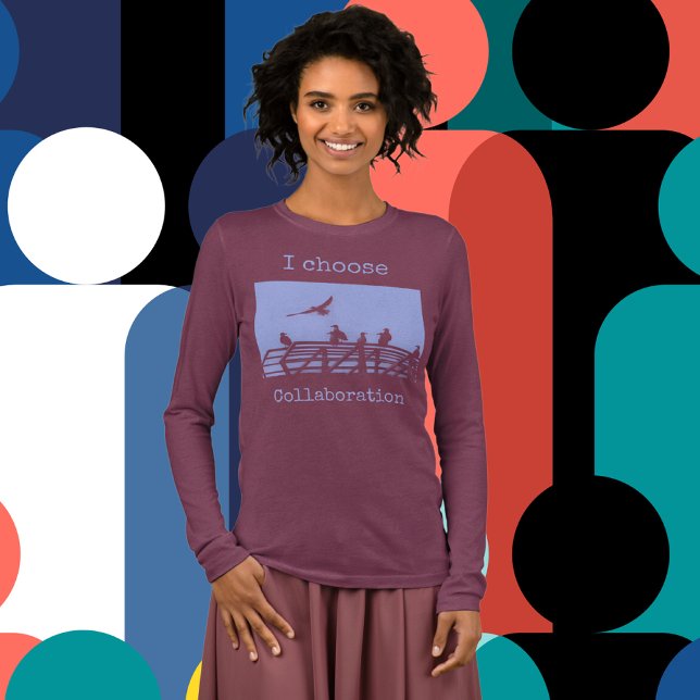 Editable Text Cute Seagulls Art Print  T Shirt (A woman wearing a long-sleeved illustration of Seagulls and text, "I choose to collaborate" Customiz)