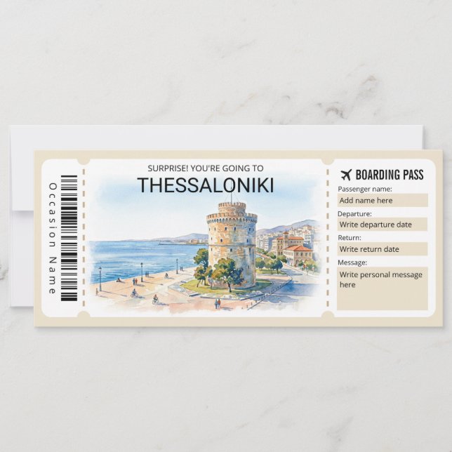 Editable Thessaloniki Trip Boarding Pass Ticket Inbjudningar (Framsida)