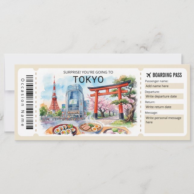 Editable Tokyo Trip Boarding Pass Ticket Inbjudningar (Framsida)