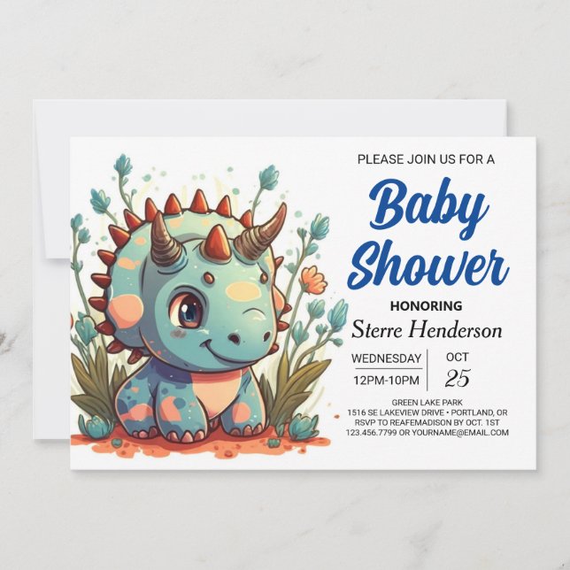 Editable Triceratops Dinosaur Boy Shower Inbjudningar (Framsida)