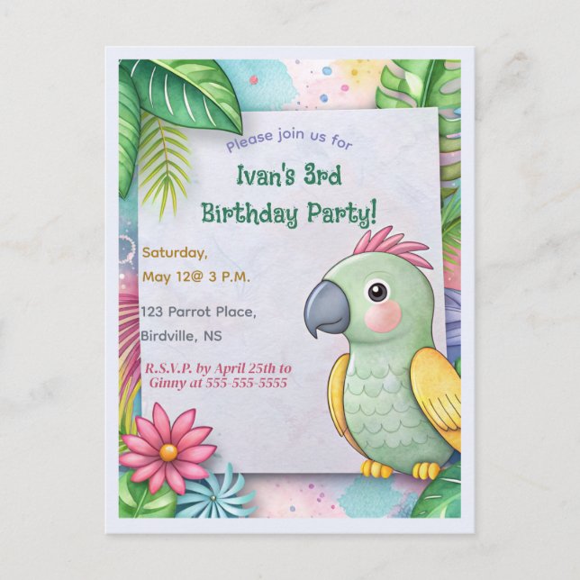 Editable Tropical Parrot Birthday Inbjudan Vykort (Framsida)