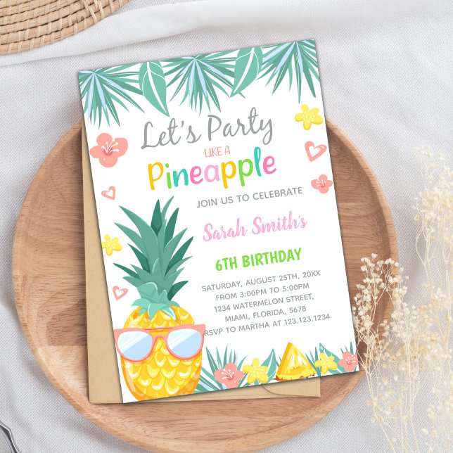 Editable Tropical Summer Printable Inbjudan (Pineapple Party Birthday Invitations)