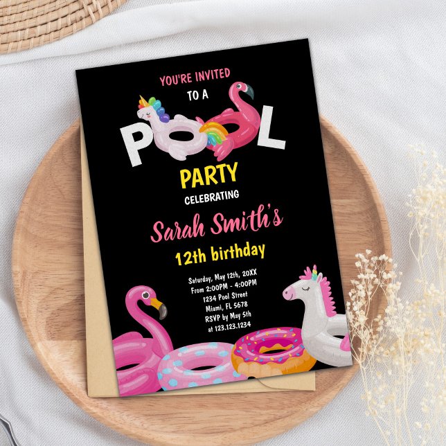 Editable Tropical Summer Simma Party Inbjudan (Flamingo Unicorn Pool Birthday Invitations)
