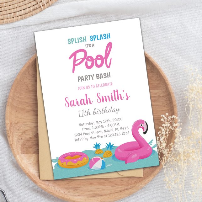 Editable Tropical Summer Simma Party Inbjudan (Pink Flamingo Pool Birthday Invitations)
