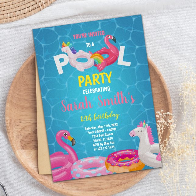Editable Tropical Summer Simma Party Inbjudan (Pink Flamingo Pool Birthday Invitations)