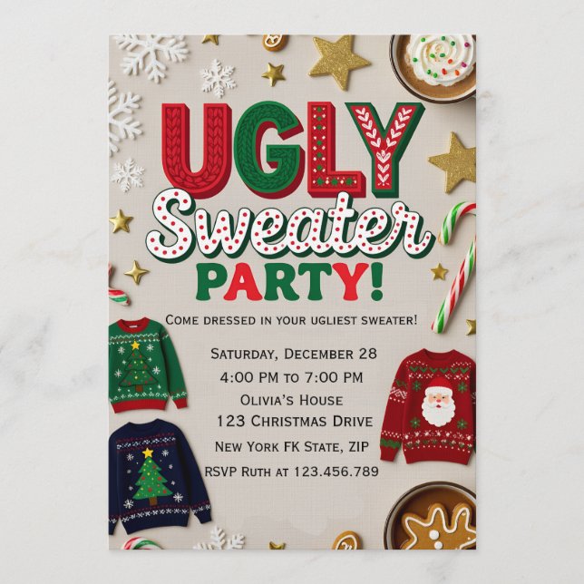 Editable Ugly Sweater Party Inbjudningar (Framsida)