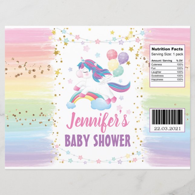 Editable Unicorn Baby Shower Chip Bag Wrapper (Framsida)