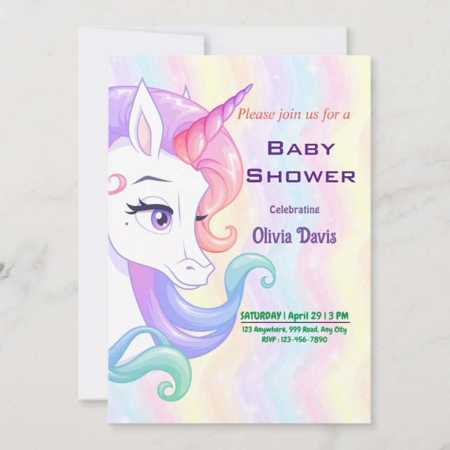 Editable Unicorn Baby Shower Inbjudningar (Framsida)