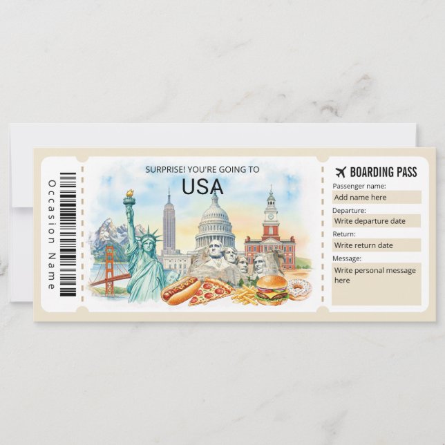Editable USA Trip Boarding Pass Ticket Inbjudningar (Framsida)