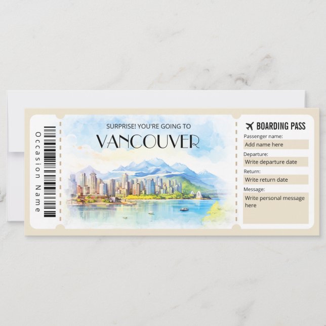 Editable Vancouver Canada Flygplan Boarding Pass Inbjudningar (Framsida)