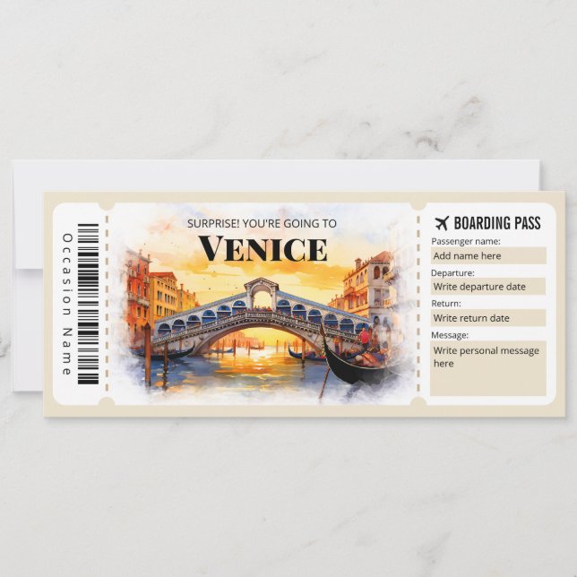 Editable Venedig Flygplan Boarding Pass Biljett Inbjudningar (Framsida)