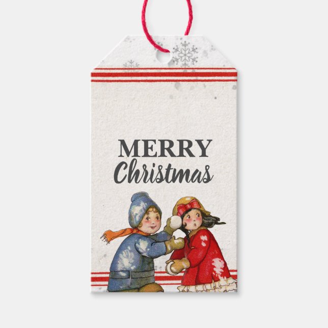 Editable Vintage Snowball Children-jul Presentetikett (Framsidan)