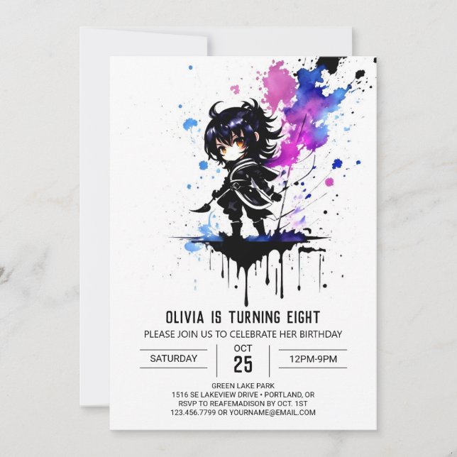 Editable Warrior Ninja Digital Girl Birthday Inbjudningar (Framsida)