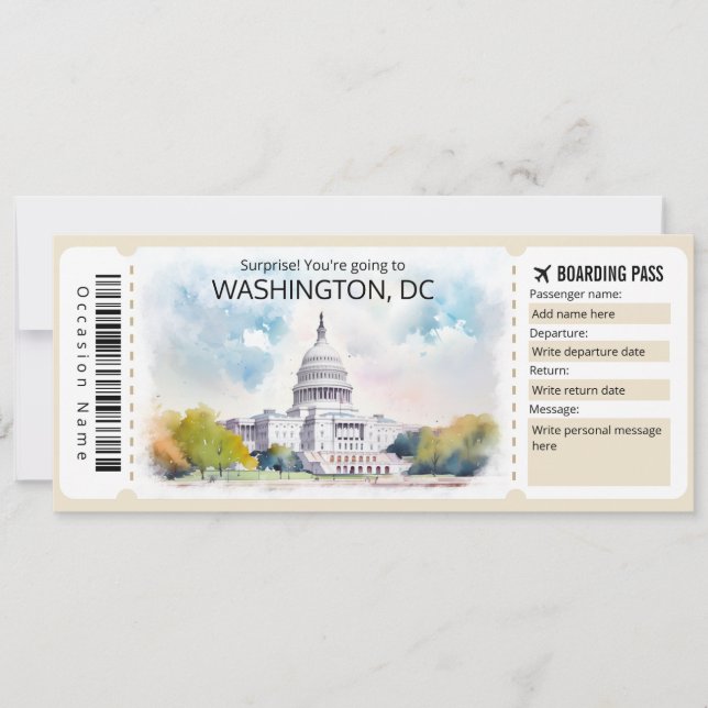 Editable Washington DC Flygplan biljett, Washingto Inbjudningar (Framsida)