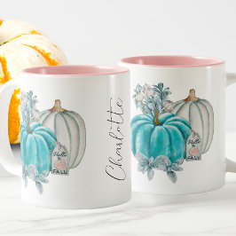 Editable Watercolor Blue Rosa Pumpkin Namn Höst Två-Tonad Mugg