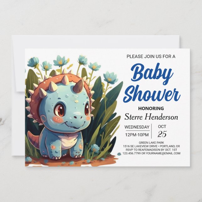 Editable Watercolor Cute Dinosaur Boy Shower Inbjudningar (Framsida)