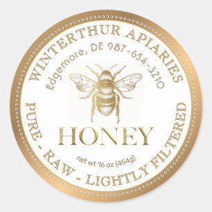 Editable White Honung Label Guld Gräns och Bee Runt Klistermärke