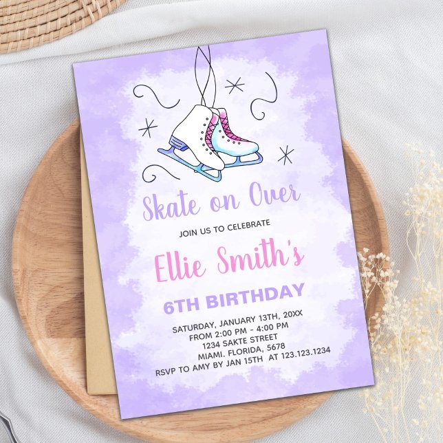 Editable Winter Skating Party Inbjudan för flickor (Purple Ice Skating Birthday Invitations)