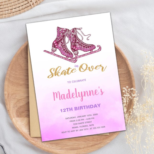 Editable Winter Skating Party Inbjudan för flickor (Pink Ice Skating Birthday Invitations)