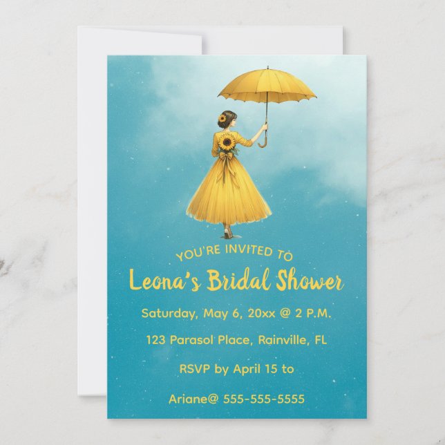 Editable Woman With Yellow Umbrella Bridal Shower Inbjudningar (Framsida)
