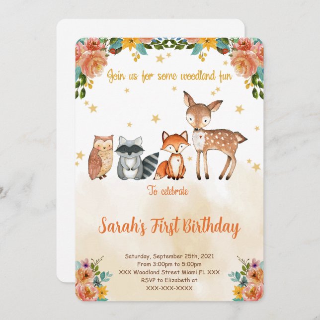 Editable Woodland Birthday-inbjudan Inbjudningar (Fram/baksida)