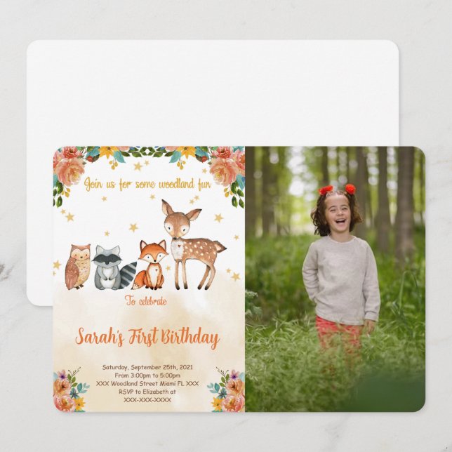 Editable Woodland Birthday Photo-inbjudan Inbjudningar (Fram/baksida)