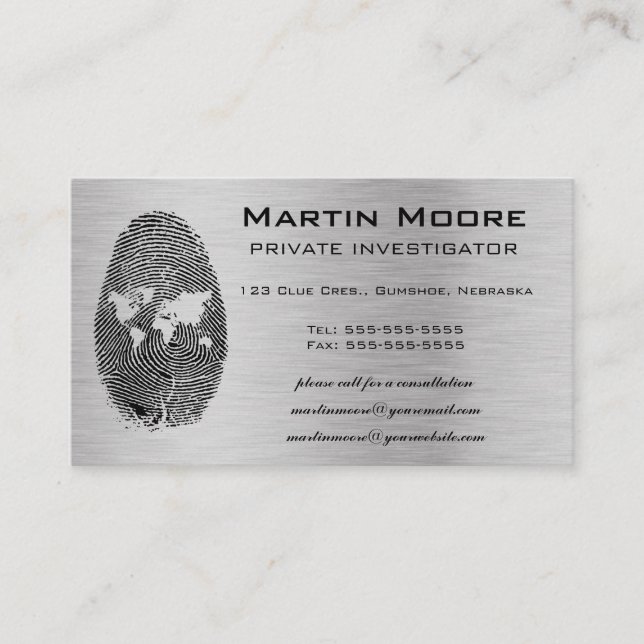 Editable World Fingerprint Privat Detektiv Visitkort (Framsida)