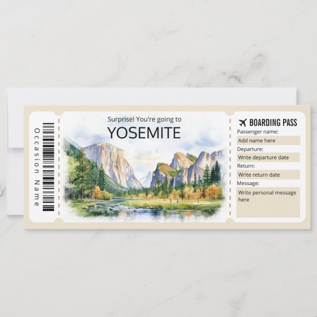 Editable Yosemite Flygplan biljett, Yosemite Resa Inbjudningar (Framsida)