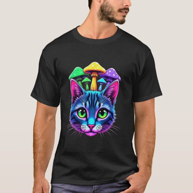 EDM Rave Trippy Cat Mushroom Psychedelic Festival T Shirt (Framsida)