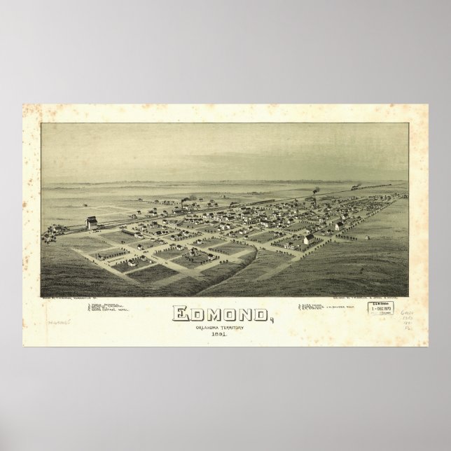 Edmond Oklahoma 1891 Antique Panoramic Karta Poster (Framsidan)