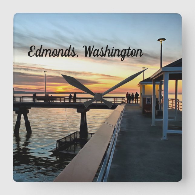 Edmonds Washington Pier vid Sunset Fyrkantig Klocka (Framsida)