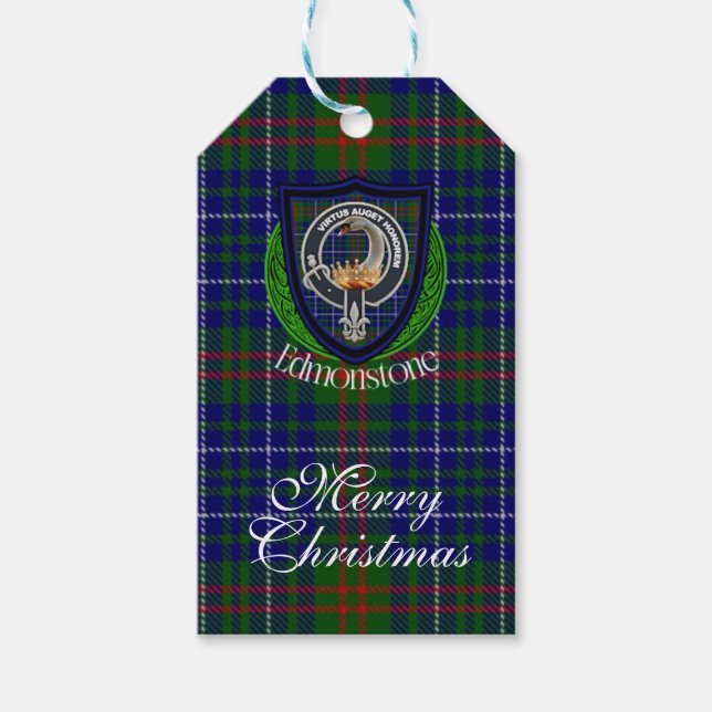 Edmonstone skotska klan tartan och vapensköld presentetikett (Framsidan)