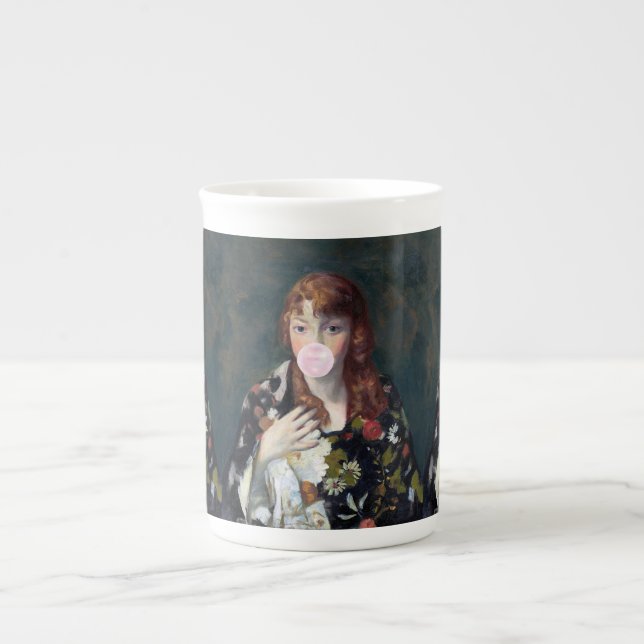 Edna blåser en rosa bubbelgummi benporslin mugg (Framsidan)
