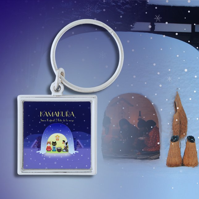 Edo-Nekos Snowy Firande Premium Square Fyrkantig Silverfärgad Nyckelring (Edo-Neko's Snowy Celebration Premium Square Keychain)