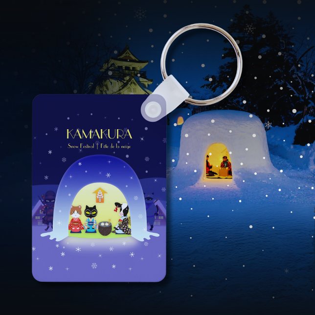 Edo-Nekos Snowy Firande-rektangel Nyckelring (Edo-Neko's Snowy Celebration Rectangle Keychain)