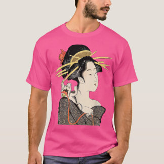 Edo Period Japan, Geisha Porträtt med Kat T Shirt