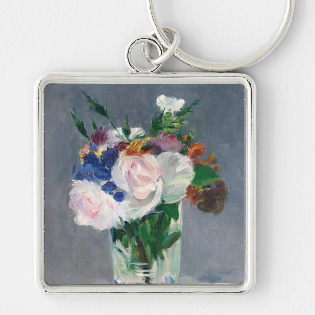 Edouard Manet - Blommor i Crystal Vas Fyrkantig Silverfärgad Nyckelring (Framsidan)