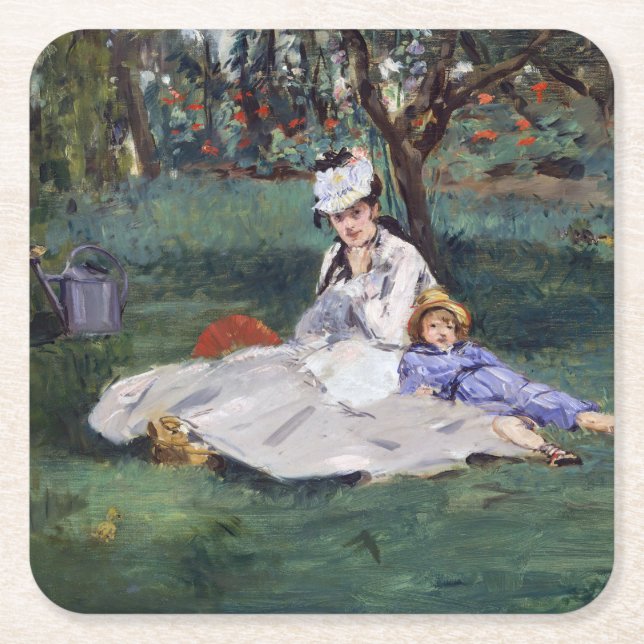 Edouard Manet - familjen Monet i trädgården Underlägg Papper Kvadrat (Framsidan)