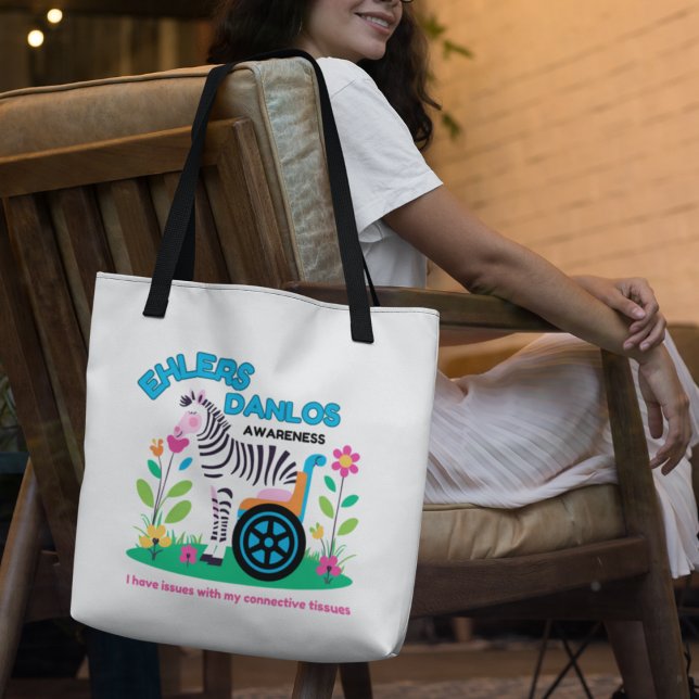EDS Awareness Zebra Tote Bag Tygkasse (Spread EDS awareness with this zebra, "I have issues with my connective tissues" tote bag! )
