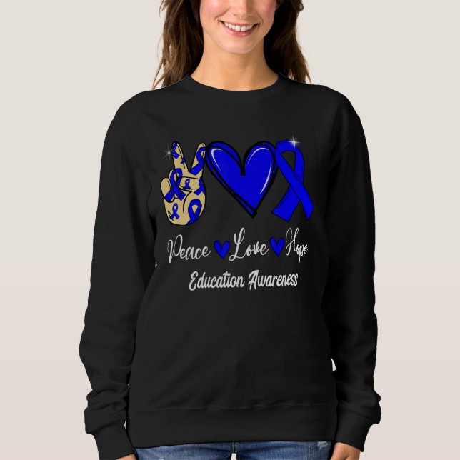 Education Awareness Peace Love Hope Blue Ribbon T Shirt (Framsida)