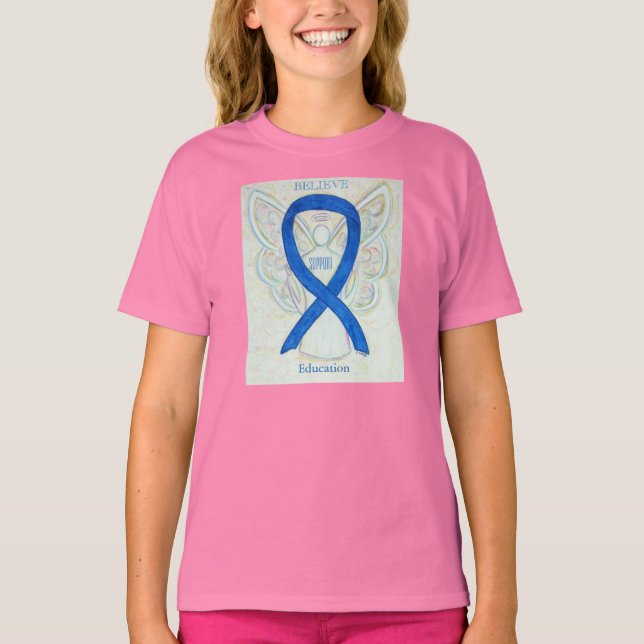 Education Blue Awareness Ribbon Angel Anpassningsb Tee (Framsida)