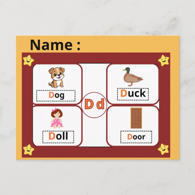 Educational Alphabet Letter D Flashcard for Kids  Vykort (Framsida)