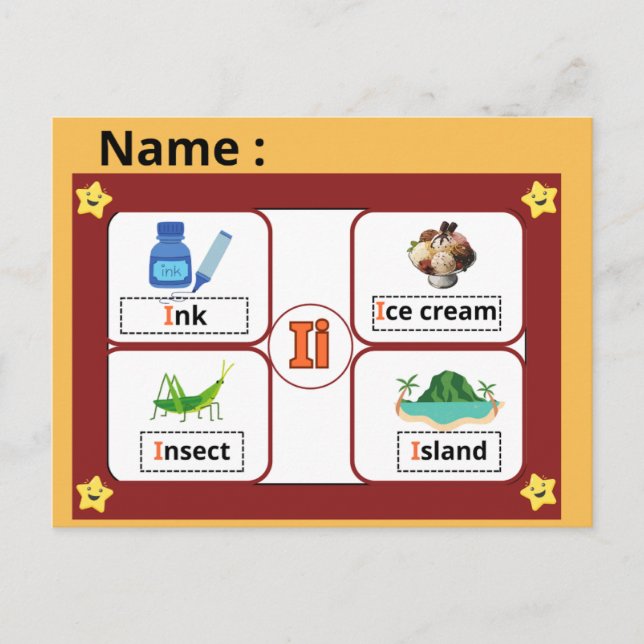 Educational Alphabet Letter I Flashcard for Kids  Vykort (Framsida)