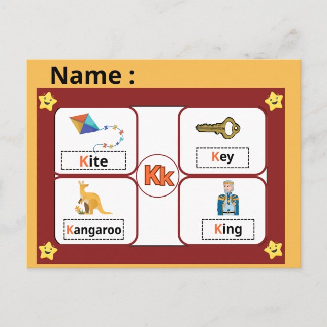 Educational Alphabet Letter K Flashcard for Kids  Vykort (Framsida)