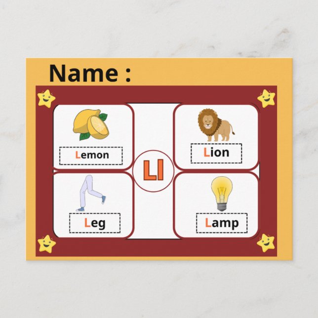 Educational Alphabet Letter L Flashcard for Kids  Vykort (Framsida)