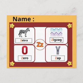 Educational Alphabet Letter Z Flashcard for Kids  Vykort