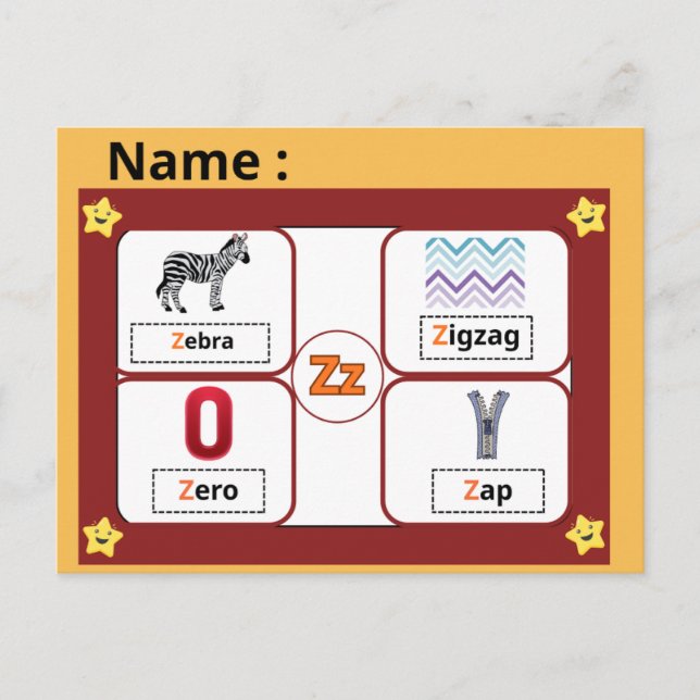 Educational Alphabet Letter Z Flashcard for Kids  Vykort (Framsida)