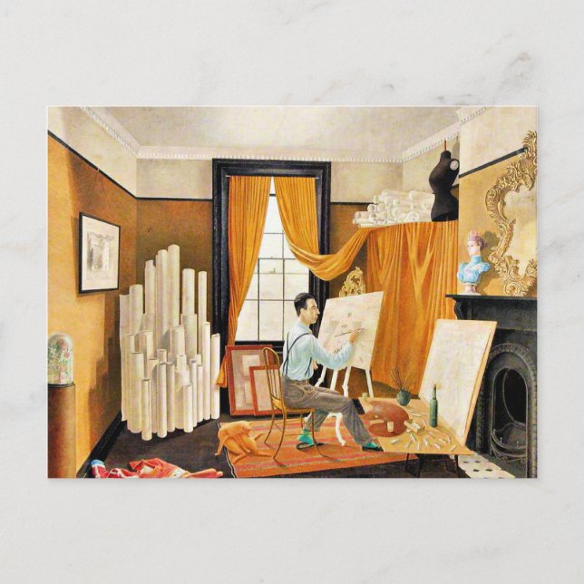 Edward Bawden arbetar i sin studio Ho Helg Vykort (Framsida)