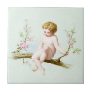 Edwardian Era Angelic Infant på Träd Flower Swing Kakelplatta