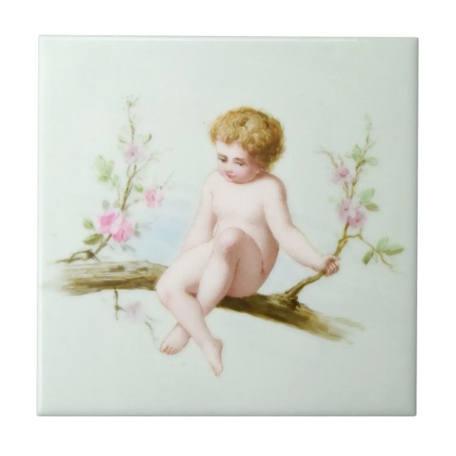 Edwardian Era Angelic Infant på Träd Flower Swing Kakelplatta (Framsidan)